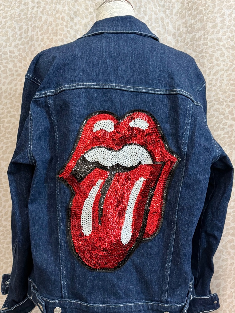 Denim Jacket with Red Sequin Tongue Patch